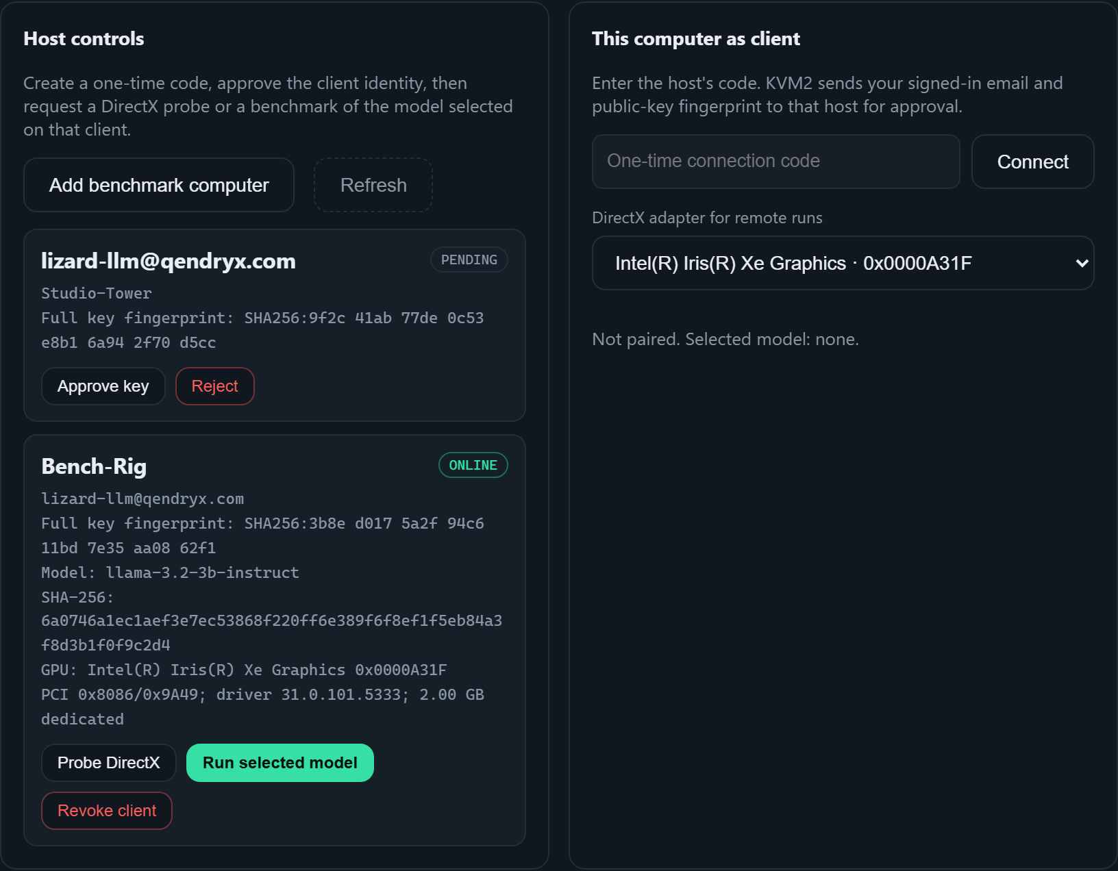 Lizard remote pairing: the host approves a client key fingerprint while the client joins with a one-time code