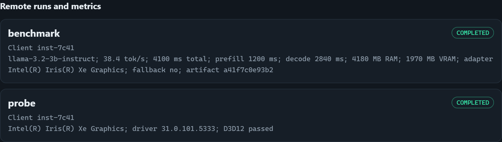 Two completed remote runs showing tokens per second, prefill and decode split, memory peaks, adapter and fallback state